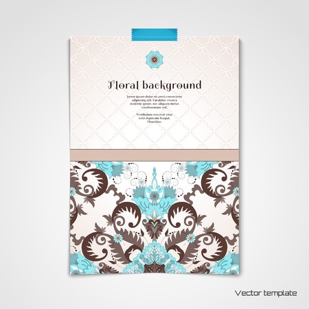 Vector template. Sheet of paper glued with adhesive tape to the wall. Beautiful floral pattern in vintage style. Seamless simple delicate ornament. Place for your text. Realistic shadowsのイラスト素材