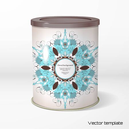 Vector object. Round tin packaging. Tea, coffee, dry products. Beautiful floral pattern in vintage style. Place for your text. Realistic shadow.のイラスト素材