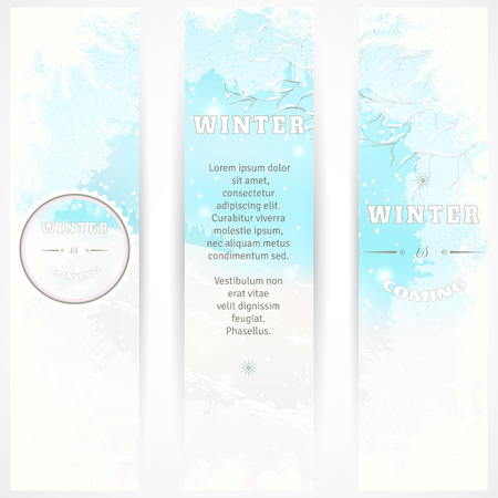 Set of three vertical banners. Frosted glass and winter landscape. Place for you textのイラスト素材