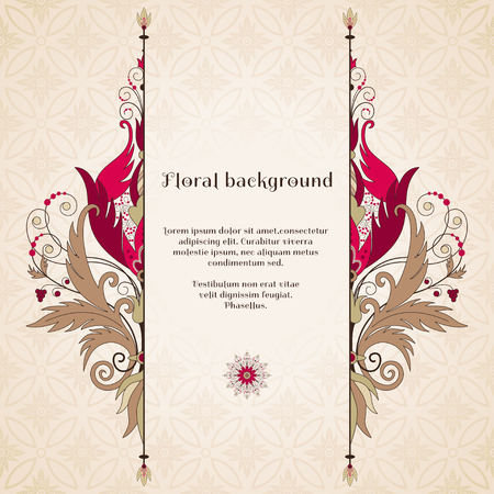 Vector card. Floral pattern in vintage style.Beautiful flowers with leaves and berries. Seamless simple delicate ornament. Place for your text. Perfect for greetings, invitations or announcementsのイラスト素材
