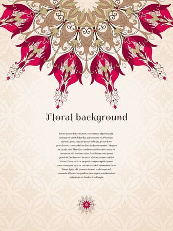 Vector card. Beautiful round floral pattern in vintage style. Flowers with leaves and berries. Seamless delicate ornament. Place for your text. Perfect for greetings, invitations or announcementsのイラスト素材