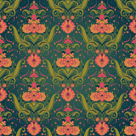 Vector seamless background. Beautiful floral damask pattern in vintage style. Bright colors and dark background.のイラスト素材