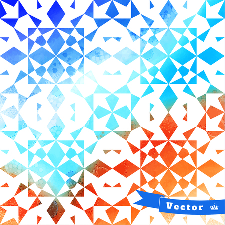 Vector background. Stencils in the form of abstract geometric shapes on watercolors substrate. Hand drawing with colored spots and blotches.のイラスト素材