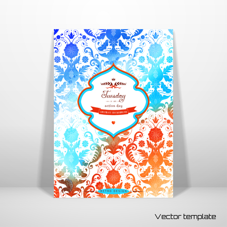 Vector card template. Stencils in the form of damask pattern on watercolors substrate. Hand drawing with colored spots and blotches. Beautiful inscription in retro style.のイラスト素材