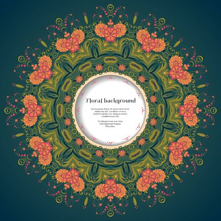 Vector round frame. Beautiful floral damask pattern in vintage style. Bright colors and dark background.のイラスト素材