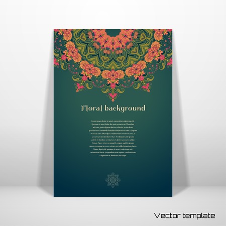 Vector card template. Beautiful round floral pattern in vintage style. Place for your text. Perfect for greetings, invitations or announcements. Bright colors and dark background. Realistic shadowsのイラスト素材