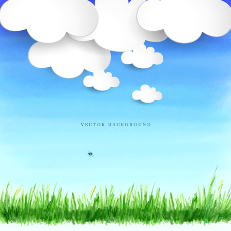 Watercolor landscape background. Painted grass and paper clouds. Spring or summer  design.のイラスト素材