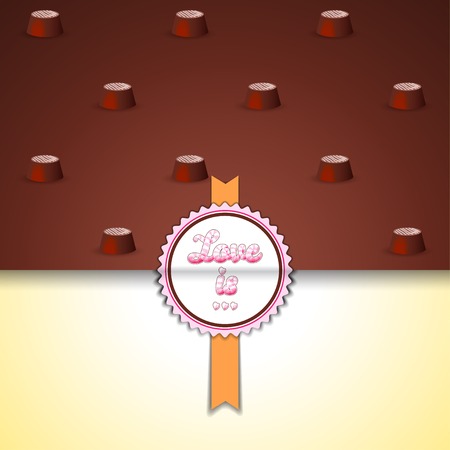Vector envelope for invitations or congratulations. Seamless background with chocolate candies. Beautiful sticker with inscription - Love is ...のイラスト素材