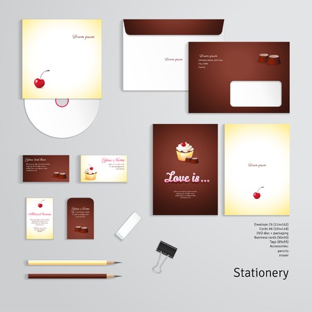 Vector templates. Beautiful inscription "Love is ..." Cupcake with cherry and cream and chocolate candies. Envelope, cards, business cards, tags, disc with packaging, pencils, eraser, clampのイラスト素材