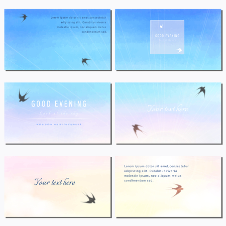 Set of six horizontal business cards. Handmade watercolor. White cloud, sun, sky and swallows. Complied with the standard sizes.のイラスト素材