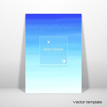 Vector card template. A sheet of paper against the wall. Handmade watercolor reminds sky. Frame for your text with silhouettes of swallows. Realistic shadow.のイラスト素材