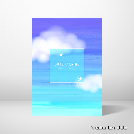 Vector card template. A sheet of paper against the wall. White cloud and watercolor sky.  Frame for your text with silhouettes of swallows. Realistic shadow.のイラスト素材