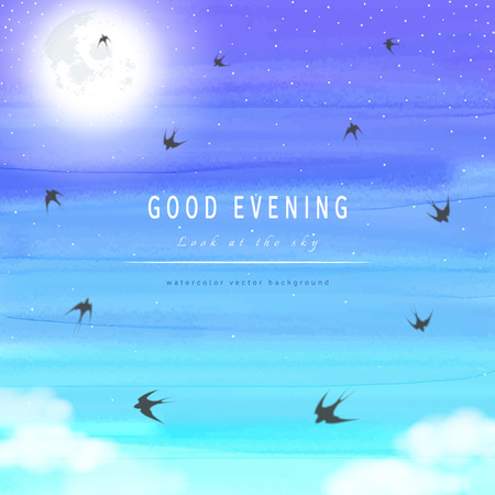 Abstract vector background. Handmade watercolor. White cloud, moon, sky and swallows. Place for your text.のイラスト素材