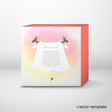 Vector cubic box template with Flying birds holding banner for your text on Beautiful watercolor backgroundのイラスト素材
