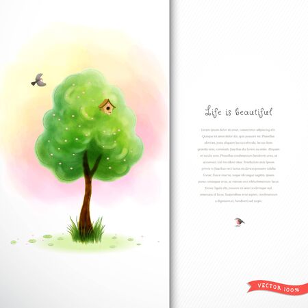 Watercolor blossom tree with green foliage and grass near the trunk. Cartoon birds and birdhouse. Beautiful blurred heaven background. Hand drawing. Place for your text.のイラスト素材