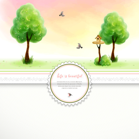 Vector envelope for invitations or congratulations. Watercolor tree with green foliage and grass. Cartoon birds and birdhouse. Beautiful blurred heaven background. Place for your text.のイラスト素材
