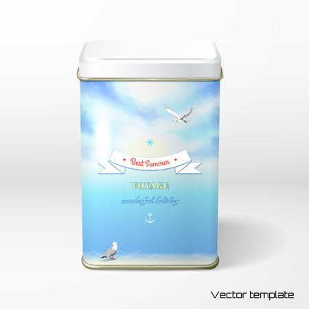 A Vector object. Square tin packaging. Tea, coffee, dry products. Sky painted oil pastel. Gulls, pencil hand drawing. Decorative elements, tape, anchor, sun. Place for your text.のイラスト素材