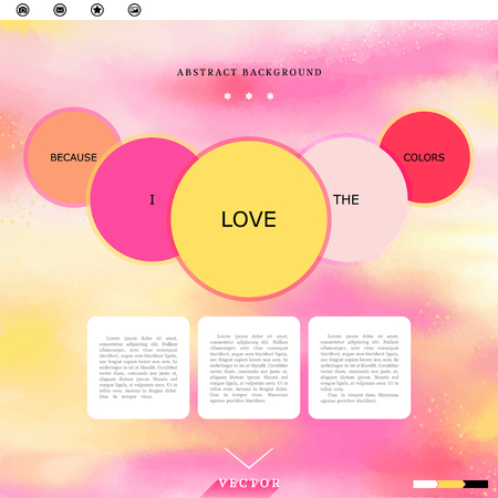 Watercolor vector background. Hand drawing with colored spots and blotches. Place for your text. Icons photo, gallery, favorites and mail. Suitable for use in a corporate or web design.のイラスト素材
