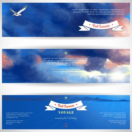 A Vector design for abstract horizontal banner. Overcast sky painted oil pastel. Sun shines through the clouds, flying seagull and sea. Decorative elements, tape, anchor, sun. Place for your text.のイラスト素材