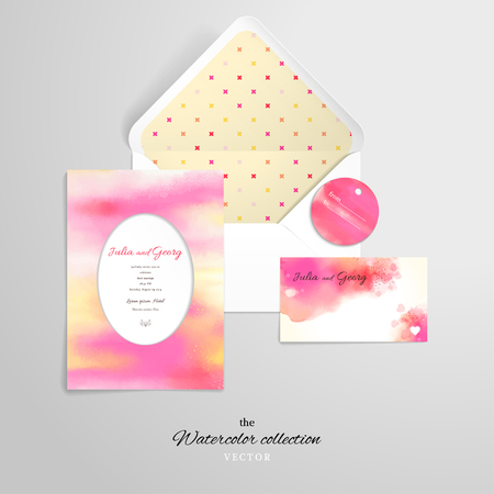 A Vector set for design. Open envelope and various cards. Hand drawing watercolor. Wedding, postal or corporate design.のイラスト素材