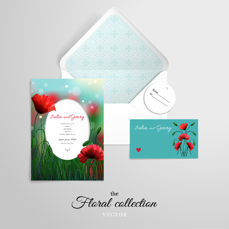 Vector set templates for mail design. Open envelope and various cards. Meadow with poppies and grass.Simple delicate ornament. Can be used for wedding design, advertisements, invitations and greetingsのイラスト素材