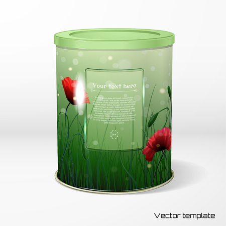 Round tin packaging with spring or summer design and bokeh with transparent space for text.のイラスト素材
