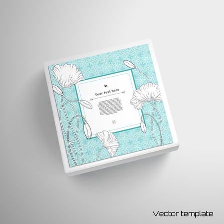 Vector box template. Vintage pattern in modern style. Hand drawing poppy flowers and buds. Delicate ornament. Square frame for your text. Realistic shadow.のイラスト素材