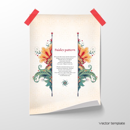 Vector illustration. Sheet of paper glued with adhesive tape to the wall. Beautiful floral oriental pattern in vintage style. Simple background.  Place for your text.のイラスト素材