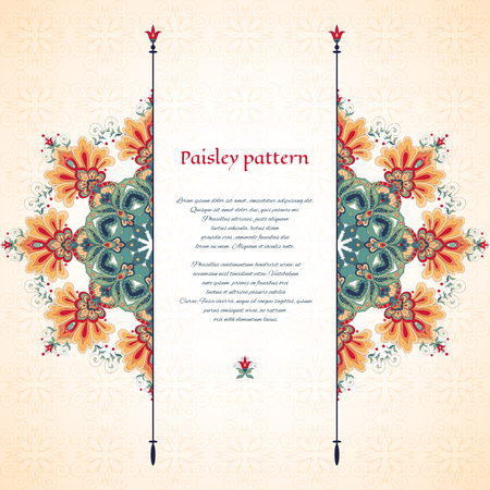 Vector card. Beautiful floral round pattern in vintage oriental style. Simple seamless background.  Place for your text. Perfect for greetings, invitations or announcements.のイラスト素材