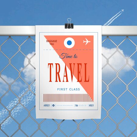The paper hangs on the chain-link fence against the background of the sky with clouds. Advertising of tourist travels. Poster on the background of the airplane flying in the sky.のイラスト素材