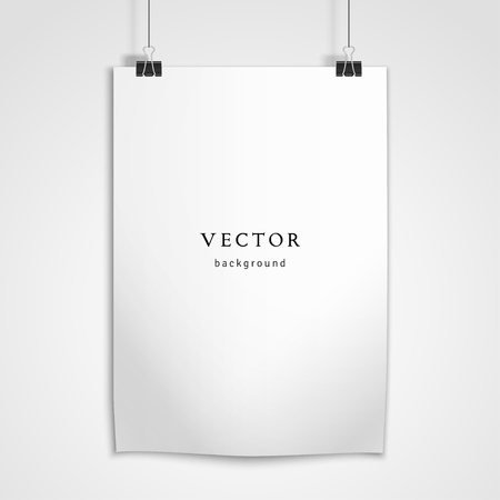 Vector template design. Sheet of paper hangs on the clamps. Sheet hanging on the wall. White paper where you can place your text.のイラスト素材