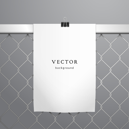 Vector template. The paper hangs on the chain-link fence. White sheet of paper held by clamps.のイラスト素材