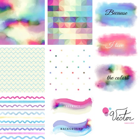 Set for design. Five backgrounds, splashes and brush strokes. Hand drawing watercolor. Simple seamless backgrounds and geometry.のイラスト素材