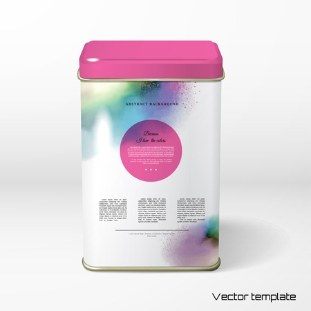 Vector object. Square tin packaging. Tea, coffee, dry products. Hand drawing with colored spots and blotches.のイラスト素材