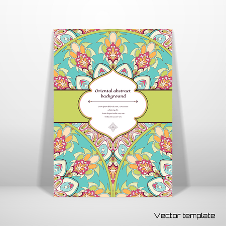 Vector abstract card with oriental floral round pattern. Figured frame for your text. Realistic shadows.のイラスト素材
