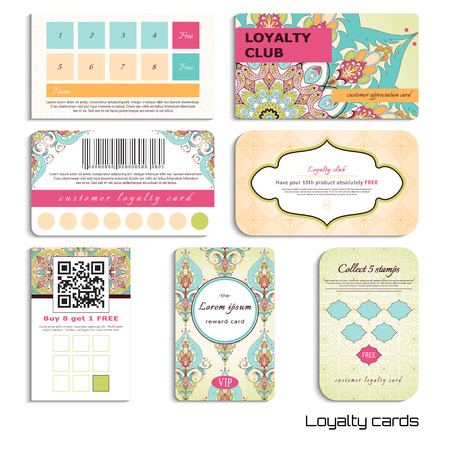 Set of loyalty cards. Oriental floral pattern. Simple delicate ornament. Realistic shadows. Place for your text.のイラスト素材