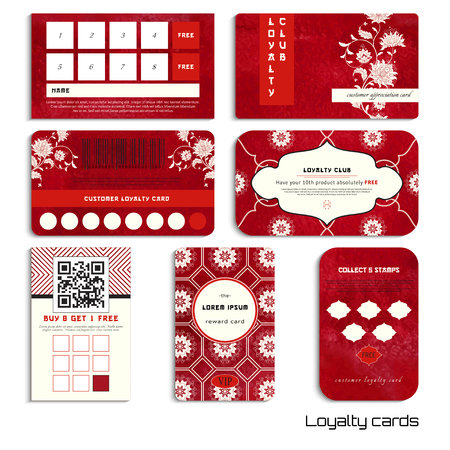 Set of loyalty cards. Beautiful flowers and red watercolor background. Hand drawing. Imitation of chinese porcelain painting. Realistic shadows. Place for your text.のイラスト素材