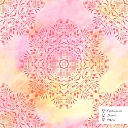 Vector seamless background. Round floral pattern with curls. Colored pencils.のイラスト素材