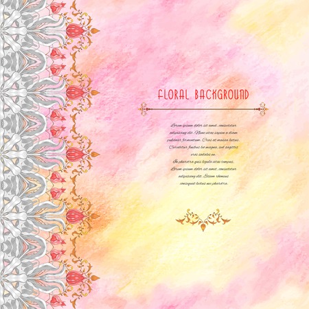 Vector card with border. Tulip flower ornament and decor with leaves. Colored pencils. Hand drawing. Place for your text.のイラスト素材