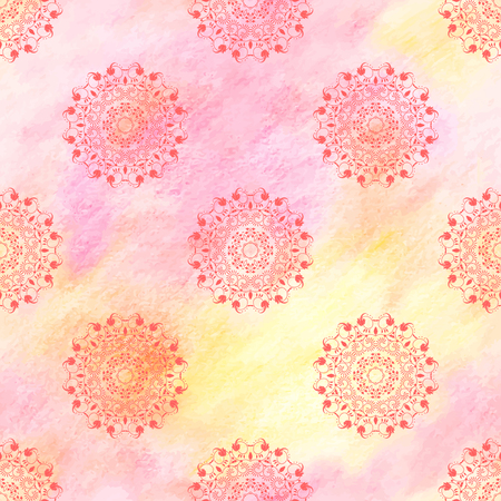 A Vector seamless background with a round floral pattern with curls. Colored pencils. Hand drawing.のイラスト素材