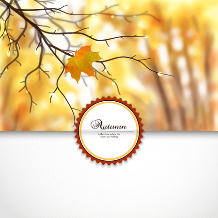 A Vector envelope for invitations or congratulations. Autumn composition with wet tree branches and maple leaf. Blurred misty background. Place for your text.のイラスト素材