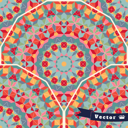Abstract seamless vector background. Round geometric ornament of multicolored figures and grid.のイラスト素材