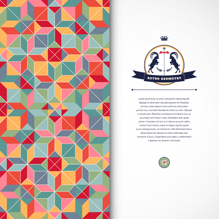 Abstract vector card.Geometric ornament of multicolored figures and grid. Beautiful round emblem with two goats and ribbon. Place for your text.のイラスト素材