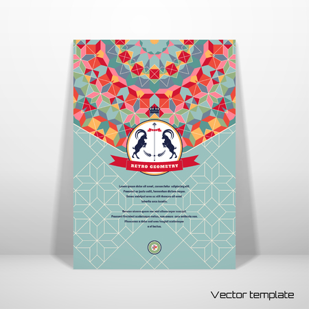 Abstract vector card. Round geometric ornament of multicolored figures and grid. Beautiful emblem with two goats and ribbon. Place for your text. Realistic shadow.のイラスト素材