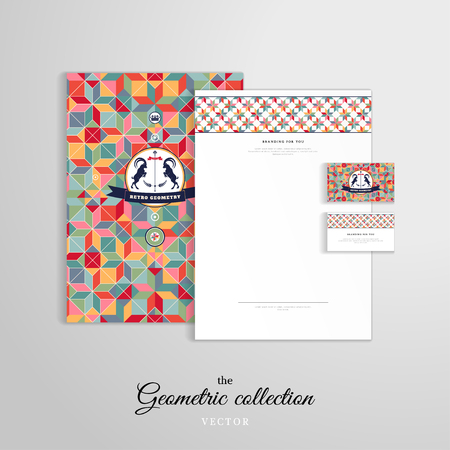 Vector identity templates with a geometric pattern. Letterhead, folder for documents, business cards. Multicolored figures and grid. Beautiful round label with two goats and ribbon.のイラスト素材