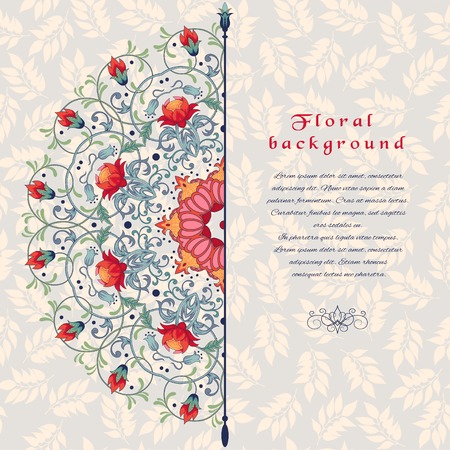 Vector abstract card with floral round pattern. Beautiful  floral pattern with fantasy flowers. Seamless delicate ornament with leaves. Place for your text.のイラスト素材