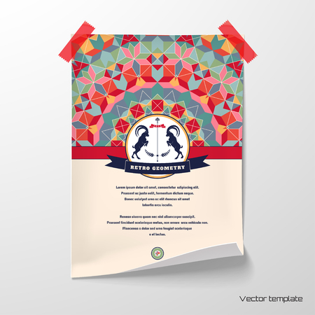 Vector poster. Sheet of paper glued with adhesive tape to the wall. Abstract vector background. Multicolored figures and grid. Beautiful round emblem with two goats and ribbon. Place for your text.のイラスト素材