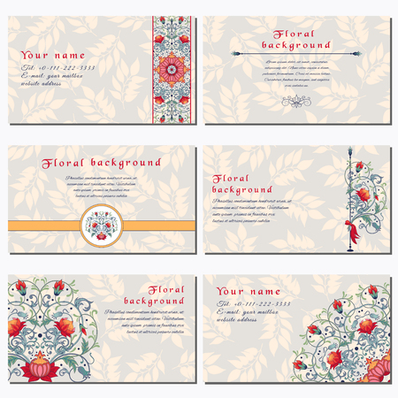 Set of six horizontal business cards. Pattern with fantasy flowers. Seamless delicate ornament with leaves. Place for your text. Complied with the standard sizes.のイラスト素材