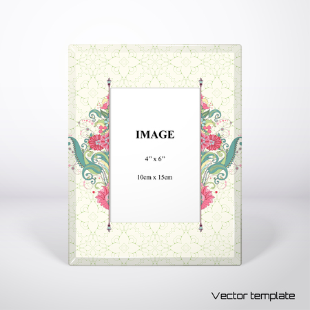 Photo frame. Beautiful oriental floral pattern. Delicate green and pink. Realistic shadows.のイラスト素材