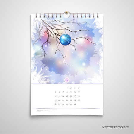 Paper spiral calendar. Realistic shadows. Winter composition with glass New Year's ball behind the frozen window.のイラスト素材